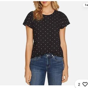 Cece sz M Black blouse with White Dots - Short Sleeve keyhole polka dot classic